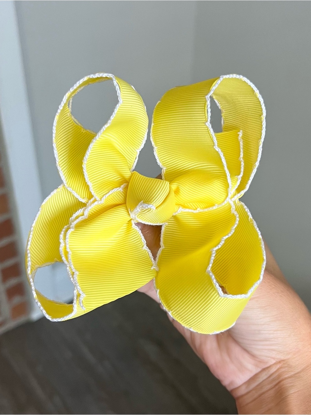 Yellow Girls' Hair Bow with White Moonstitch Trim